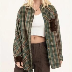 BDG Jeans Oversized Plaid 100% Cotton Velvet Accent Button Down Shirt Women's S